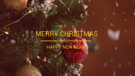 animación de feliz navidad y feliz año nuevo sobre el árbol en el fondo