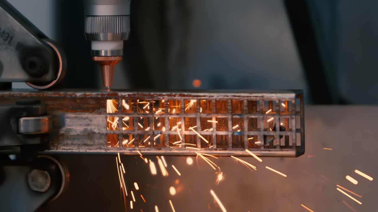 CNC Laser cutting of metal, modern industrial technology Making Industrial Details. Shot on super slow motion camera 1000 fps.