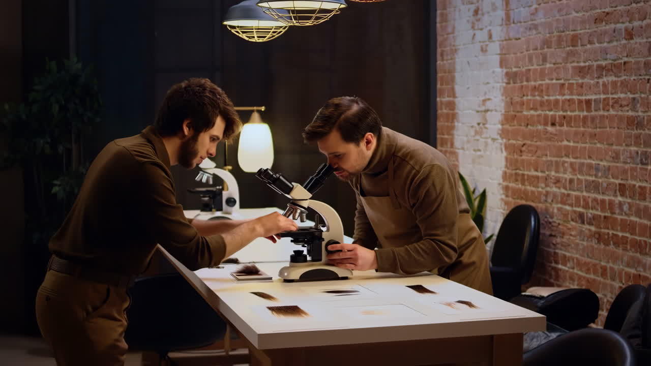 Two Men Examining Samples with a Microscope in a Laboratory Setting