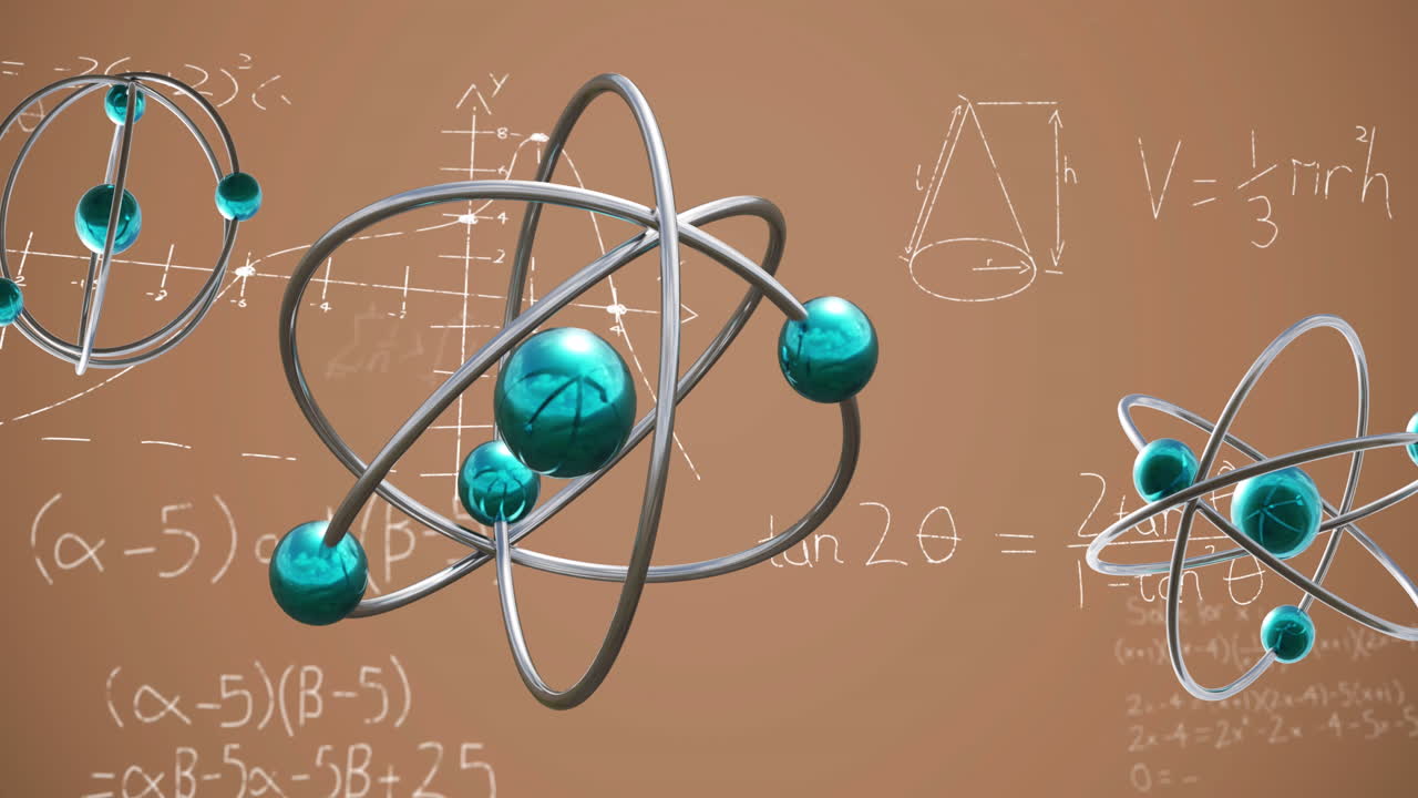 파란색 배경에 수학적 공식에 대한 원자 모델의 마이크로의 애니메이션