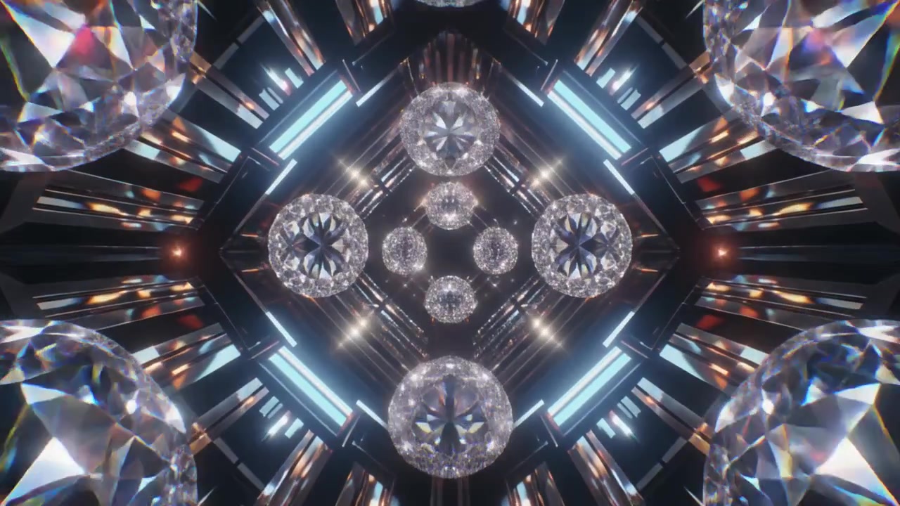 Abstract Tunnel of Rotating Diamond Spheres in Futuristic Corridor