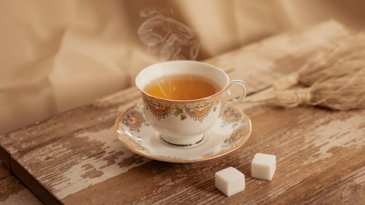 Moving camera bringing sugar cubes forward on wood table, showing ornate teacup and saucer with tea