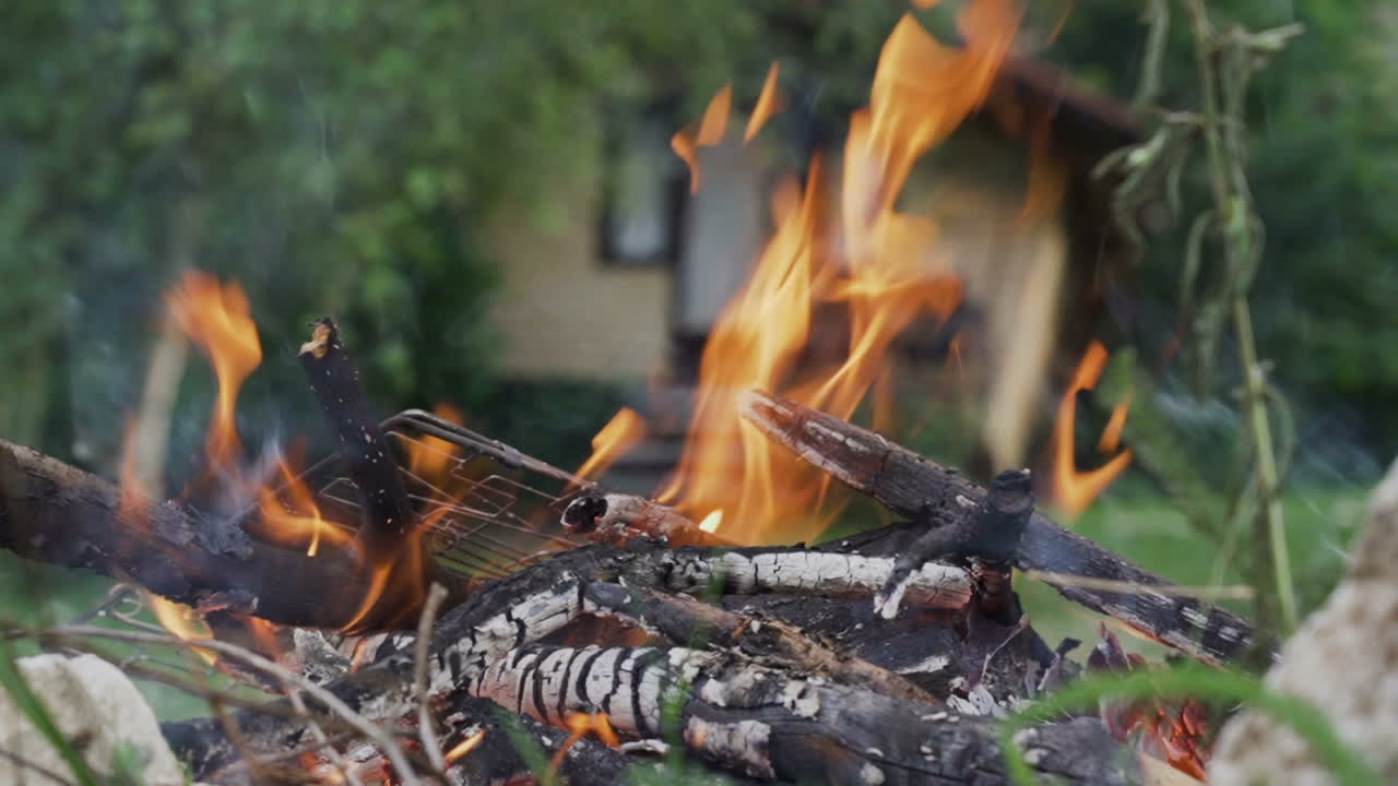 흐린 배경, 야외에서 모닥불 강렬한 불꽃의 가까운 샷