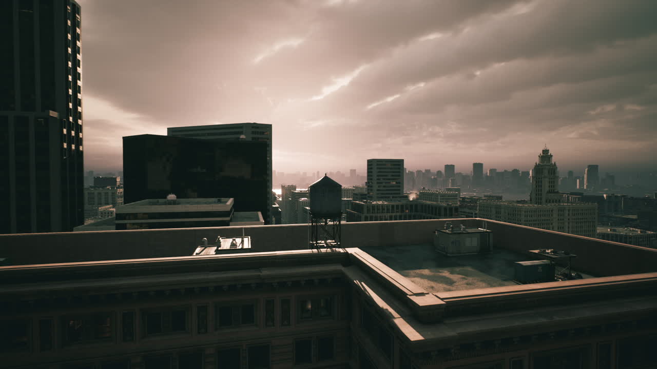 Sunset city skyline with storm clouds above