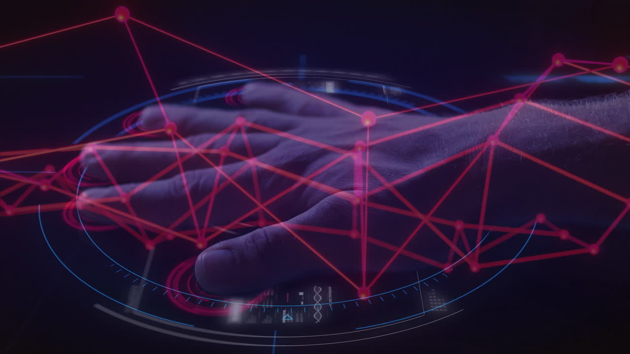 Interacting with digital animation, hand exploring red network connections in school