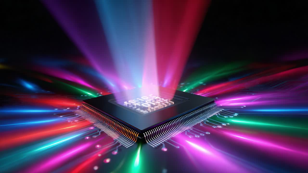 A vibrant visual showcase of a computer microchip emitting beams of colorful light, representing cutting-edge technology, innovation, and advanced circuitry, highlighting the interplay of data, color, and design