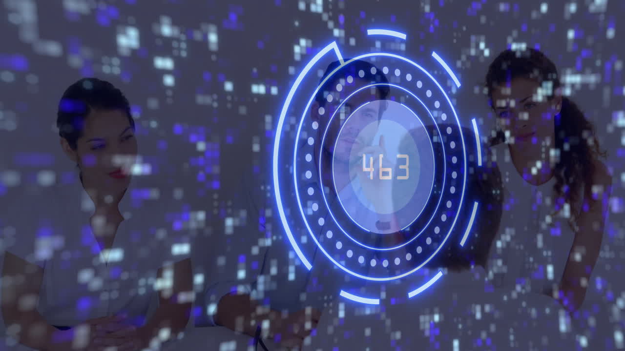 Digital data animation over diverse people collaborating in modern office setting