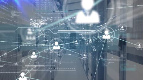 animation of network of connections with icons and data processing over server room
