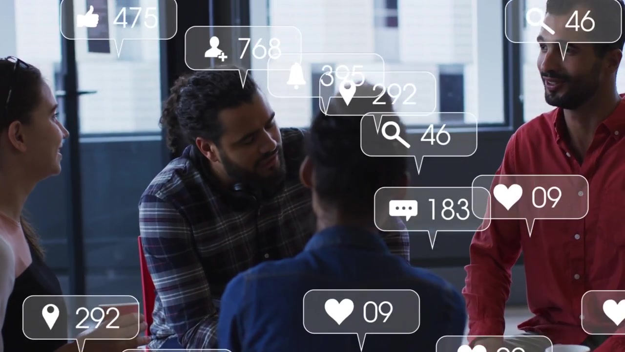 Man in red shirt leading discussion in marketing, causing likes and followers surging then receding