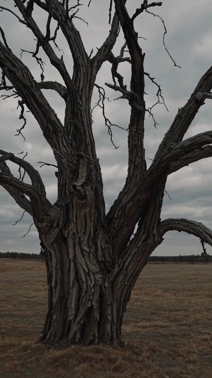 Zoom lento su un grande albero spoglio in un campo