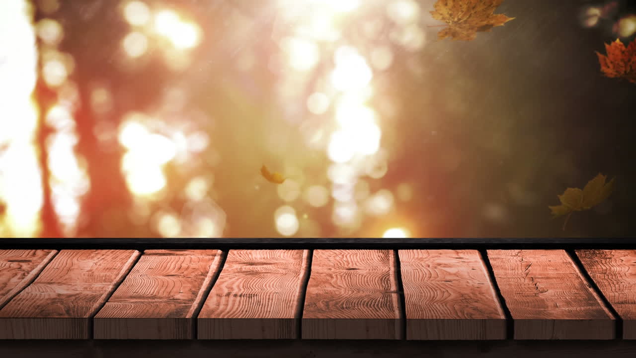 가을의 잎에 대항하는 나무판 4k