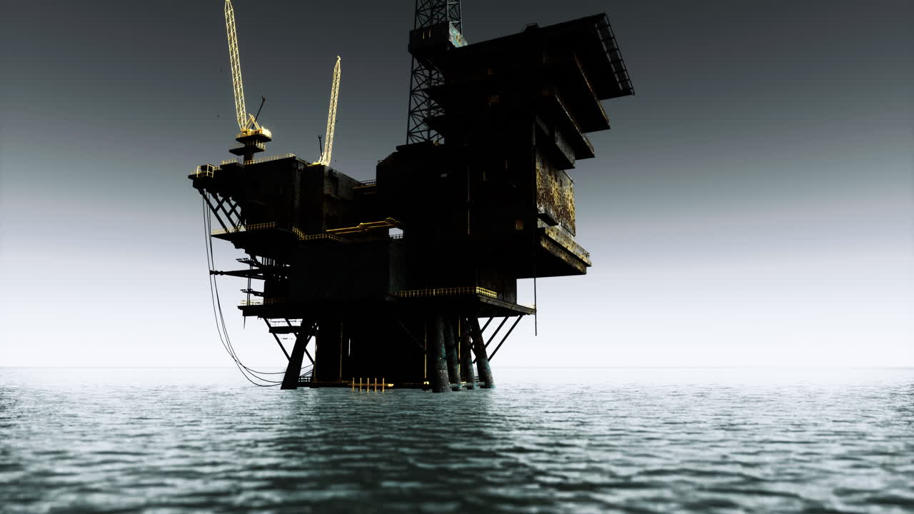 Oil rig stands in calm waters at dusk under a moody sky