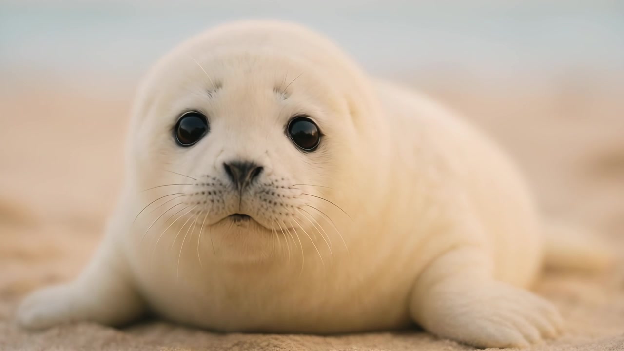 砂浜で休むかわいいタテゴトアザラシの赤ちゃん