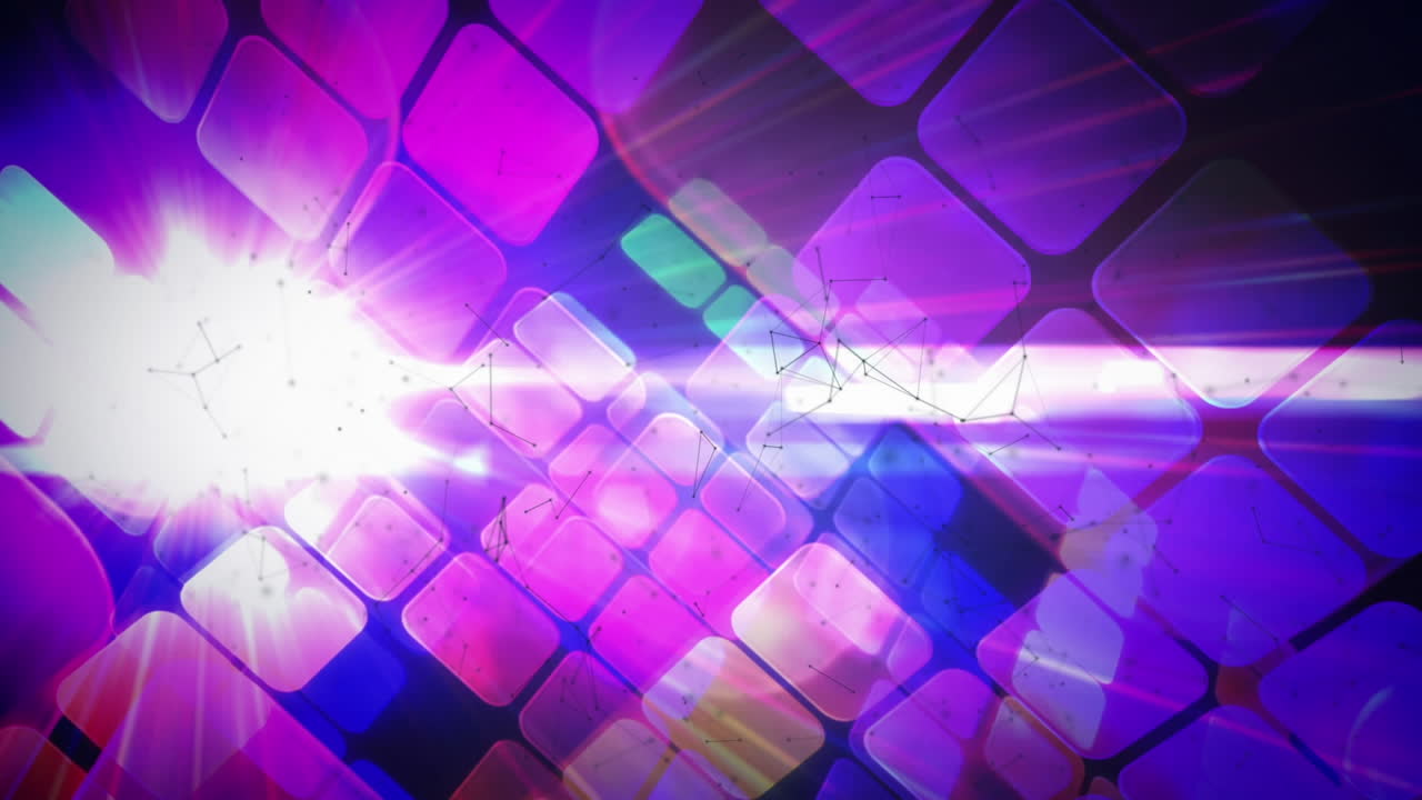 red de conexiones sobre formas cuadradas y punto azul de luz contra fondo negro