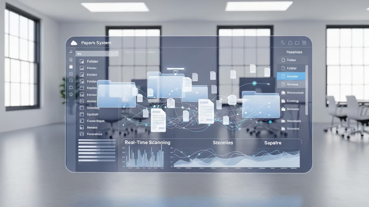 An Advanced Digital Interface Showcasing Paper Management System with Real-Time Scanning, Document Organization, and Data Visualization Features in a Modern Workplace Environment