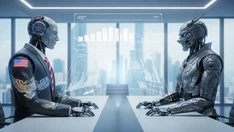 a futuristic debate between two advanced robots in a sleek corporate environment, emphasizing technology and artificial intelligence advancement