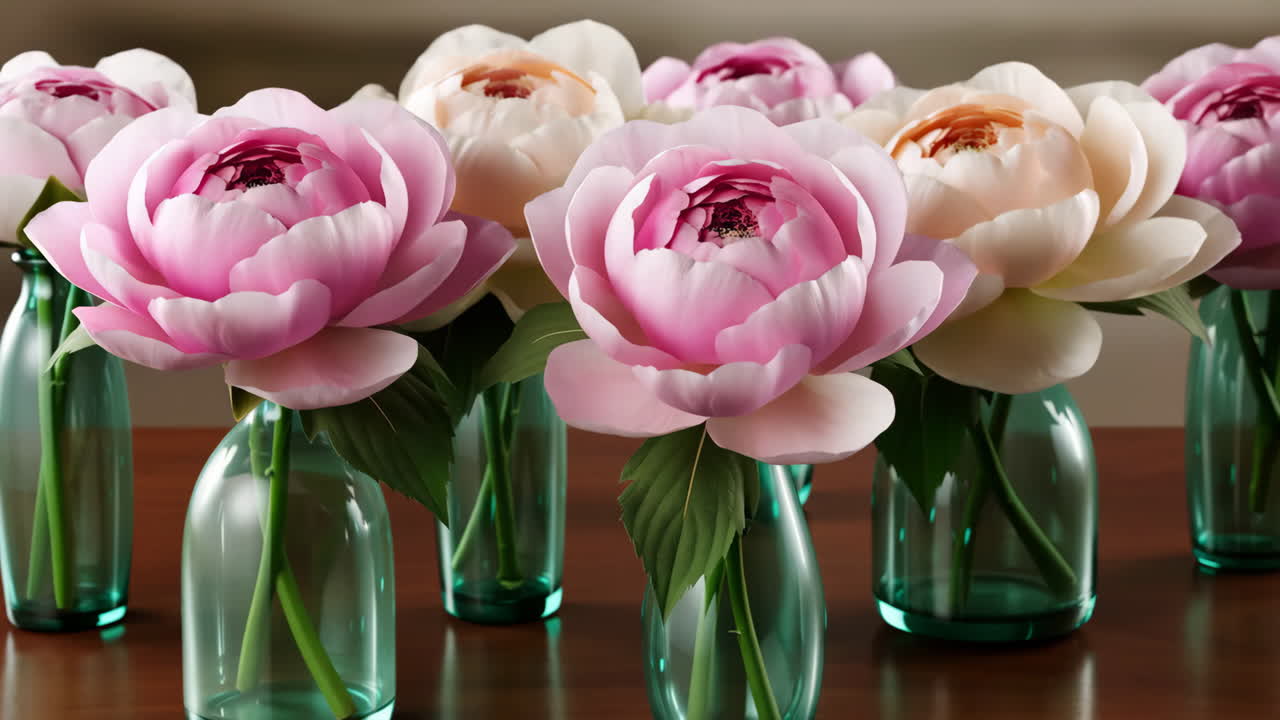 Pink and White Peonies in Green Vases