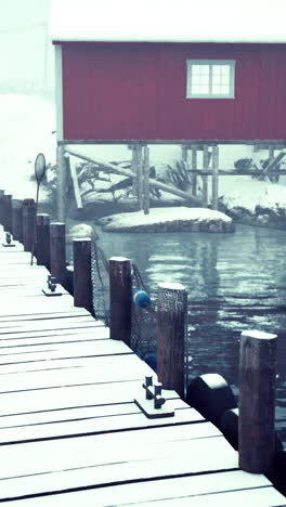 snowy winter scene at a fishing dock