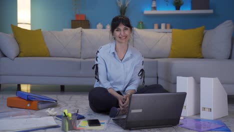 Home-office-worker-woman-waving-at-camera.