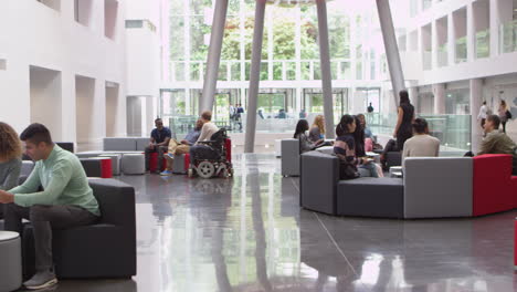 groups of students socialising in a university lobby, shot on r3d