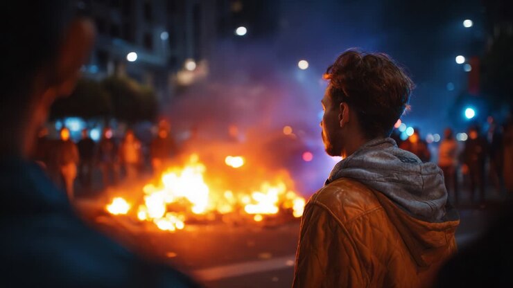 Intense Scene of Urban Unrest Captured in Two Frames: A Young Man Observes the Chaotic Environment as Flames Erupt from Burning Debris Surrounded by a Crowd Amidst a Disturbance at Night