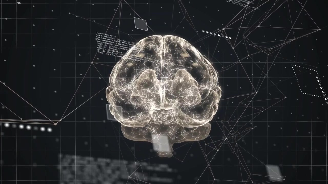 Translucent brain rotating after bright panel pass, pulsing nodes, sliding panels showing data flow