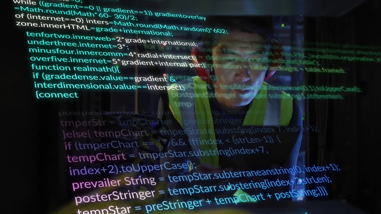 Animation of digital data processing over asian male it technician by computer servers