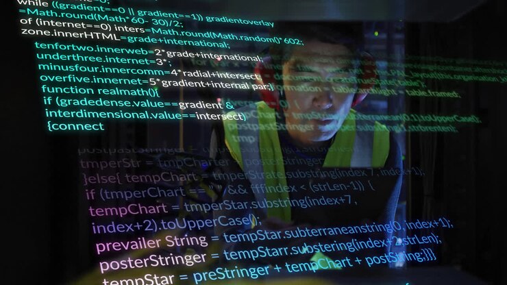 Animation of digital data processing over asian male it technician by computer servers