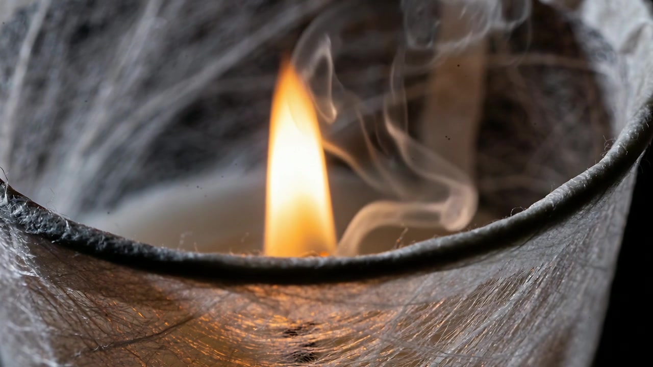 Recording burning candle wick flickering inside glass votive in dim studio for ambiance, with wax