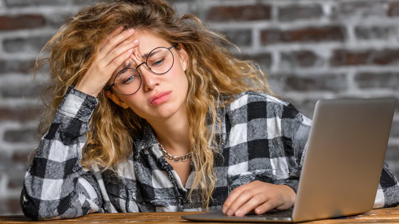 A Young Woman Shows Signs of Frustration While Working on Her Laptop, Deeply Engaged in Her Task and Reflecting Stress or Concern About Her Work Progress