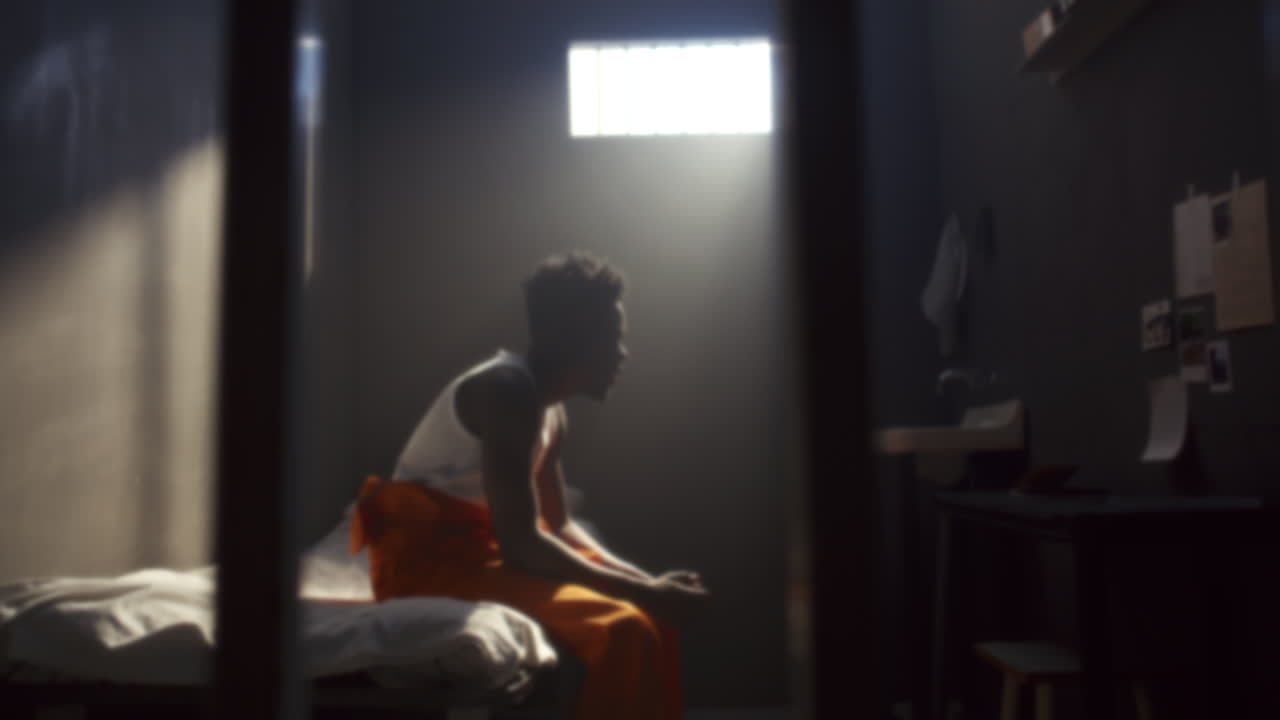 Depressed Inmate Sitting on Bed inside Prison Cell behind Bars