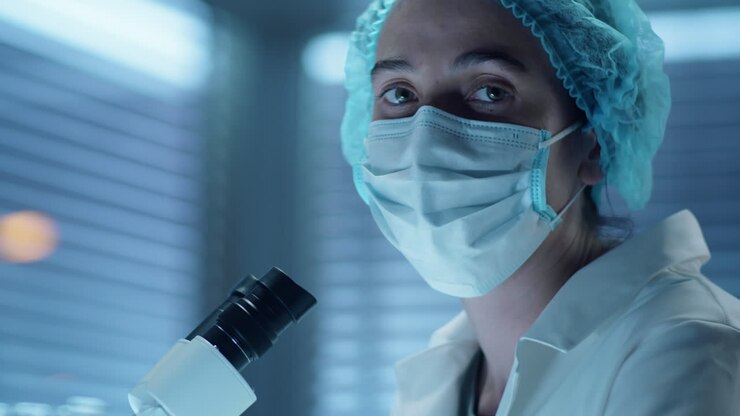 Ritratto di una scienziata di laboratorio con mascherina protettiva