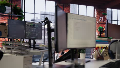 computer screen in empty software development agency showing code