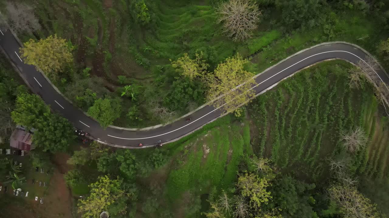 hermosa vista aérea del país tropical de indonesia, carreteras sinuosas bordeadas de bosques, campos de arroz o aldeas