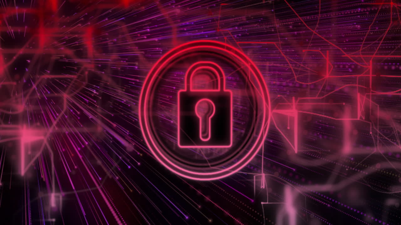 icono de bloqueo y animación de seguridad digital sobre fondo púrpura y rojo abstracto