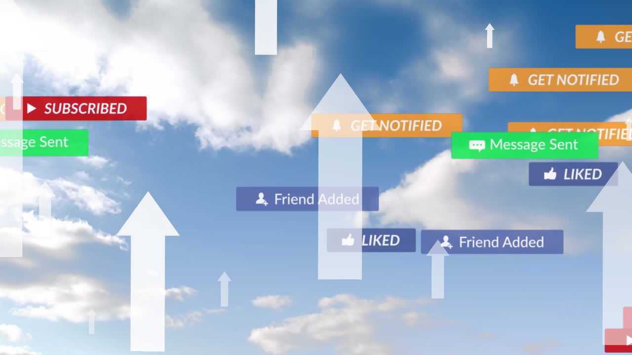 구름진 하늘 위에 떨어지는 소셜 미디어 아이콘과 이모티콘의 애니메이션