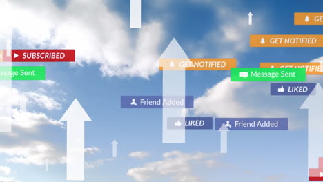 animación de iconos y emojis de las redes sociales que caen sobre un cielo nublado