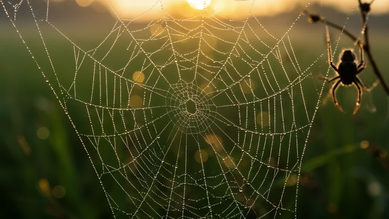 A Stunning Close-Up View of a Dew-Covered Spider Web Illuminated by the Soft Morning Light, Capturing the Beauty of Nature in Early Dawn