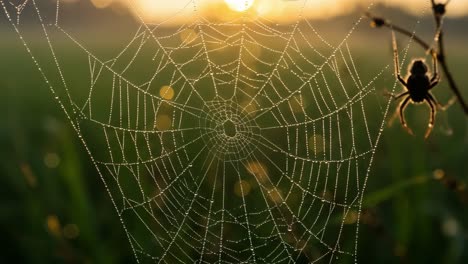 a stunning close-up view of a dew-covered spider web illuminated by the soft morning light, capturing the beauty of nature in early dawn