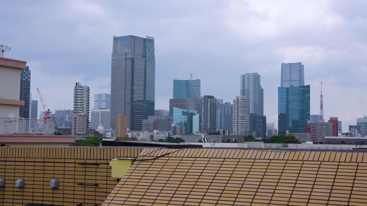 Tokyo Urban Rooftops and High Rise Buildings in Background, Overcast Weather
