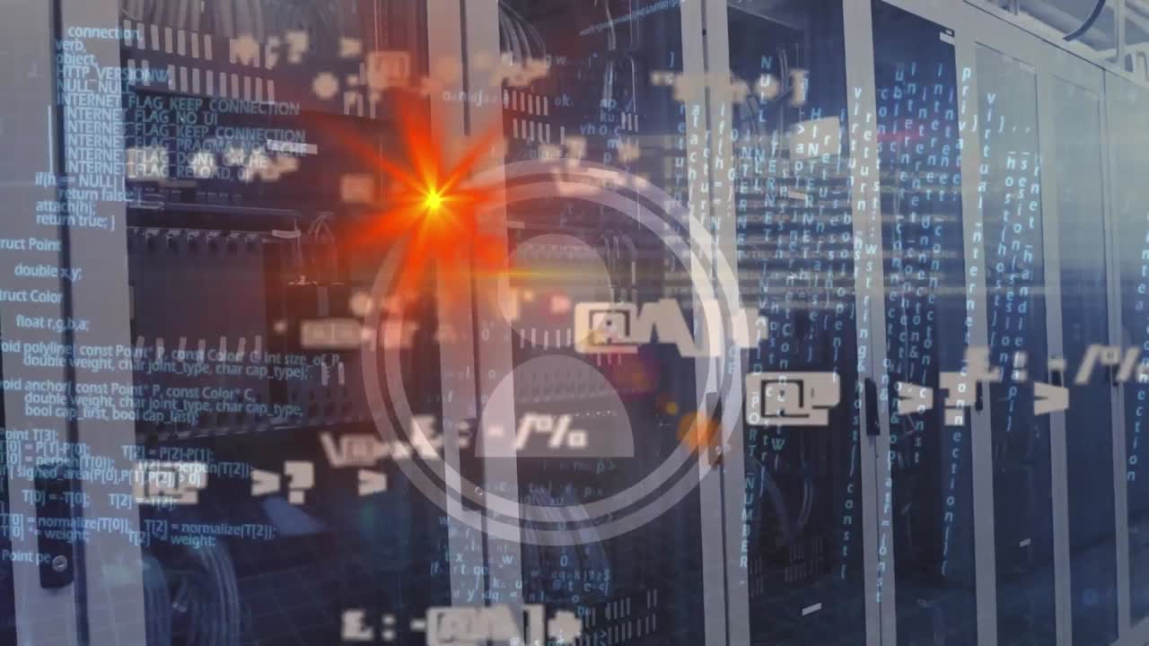 animacja pomarańczowej kropki świetlnej nad ikonami profilu i przetwarzanie danych na serwerze komputerowym.