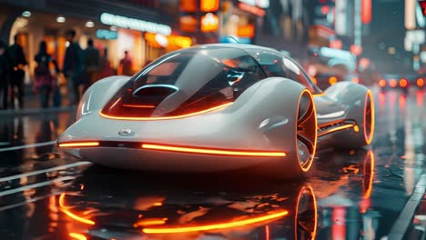 futuristic concept car on a wet cyberpunk city street at night