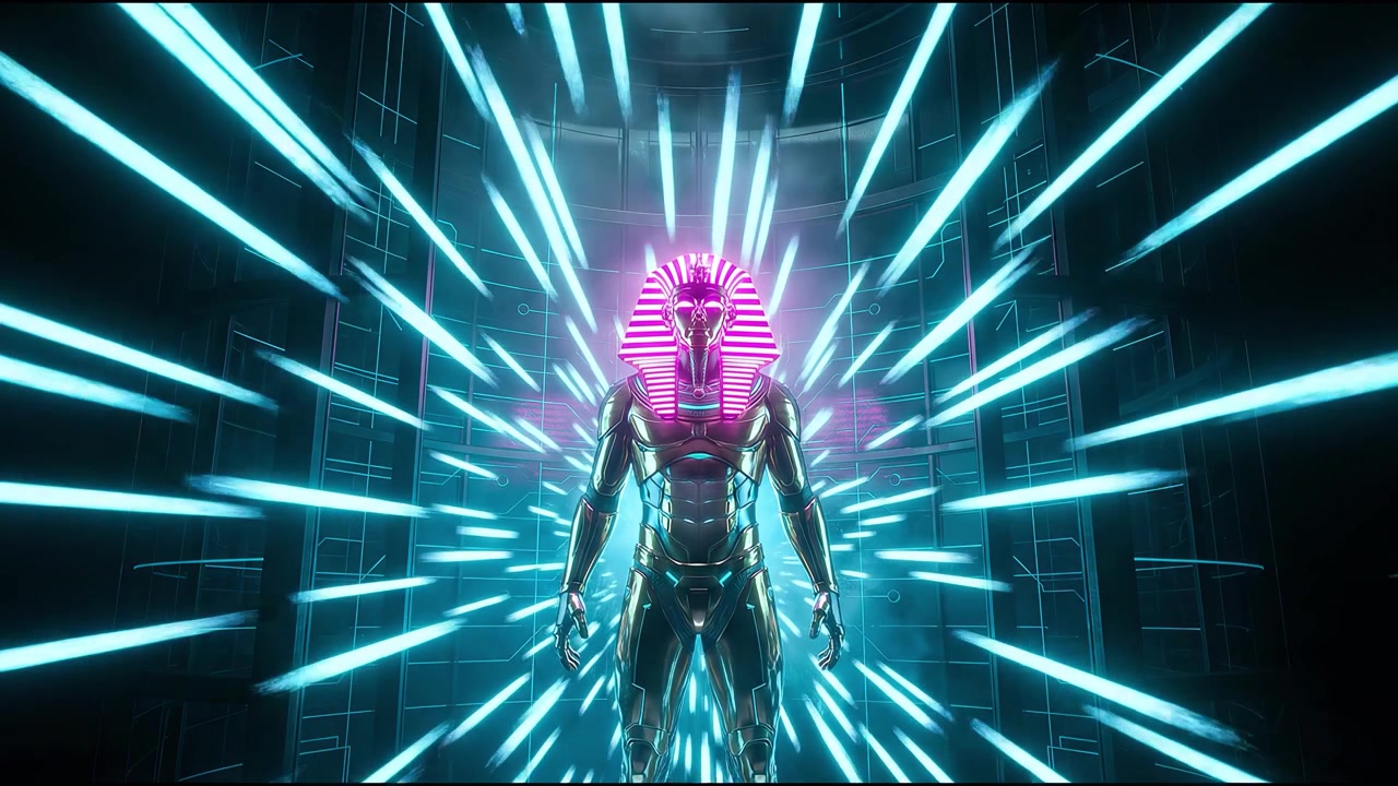 Faraone cyborg futuristico in una camera al neon luminosa