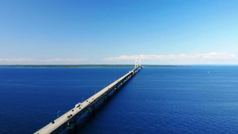 aerial footage of the mackinac bridge and the blue waters of lake michigan and lake huron