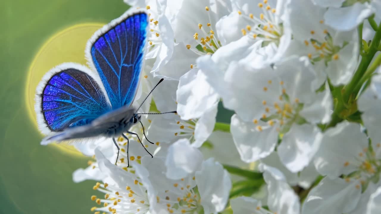Video ravvicinato di una vivace farfalla blu su fiori bianchi, ripreso da un angolo laterale