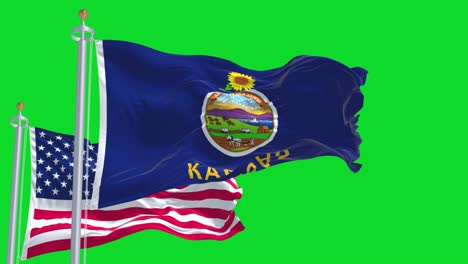 the kansas state flag waving along with the national flag of the united states of america