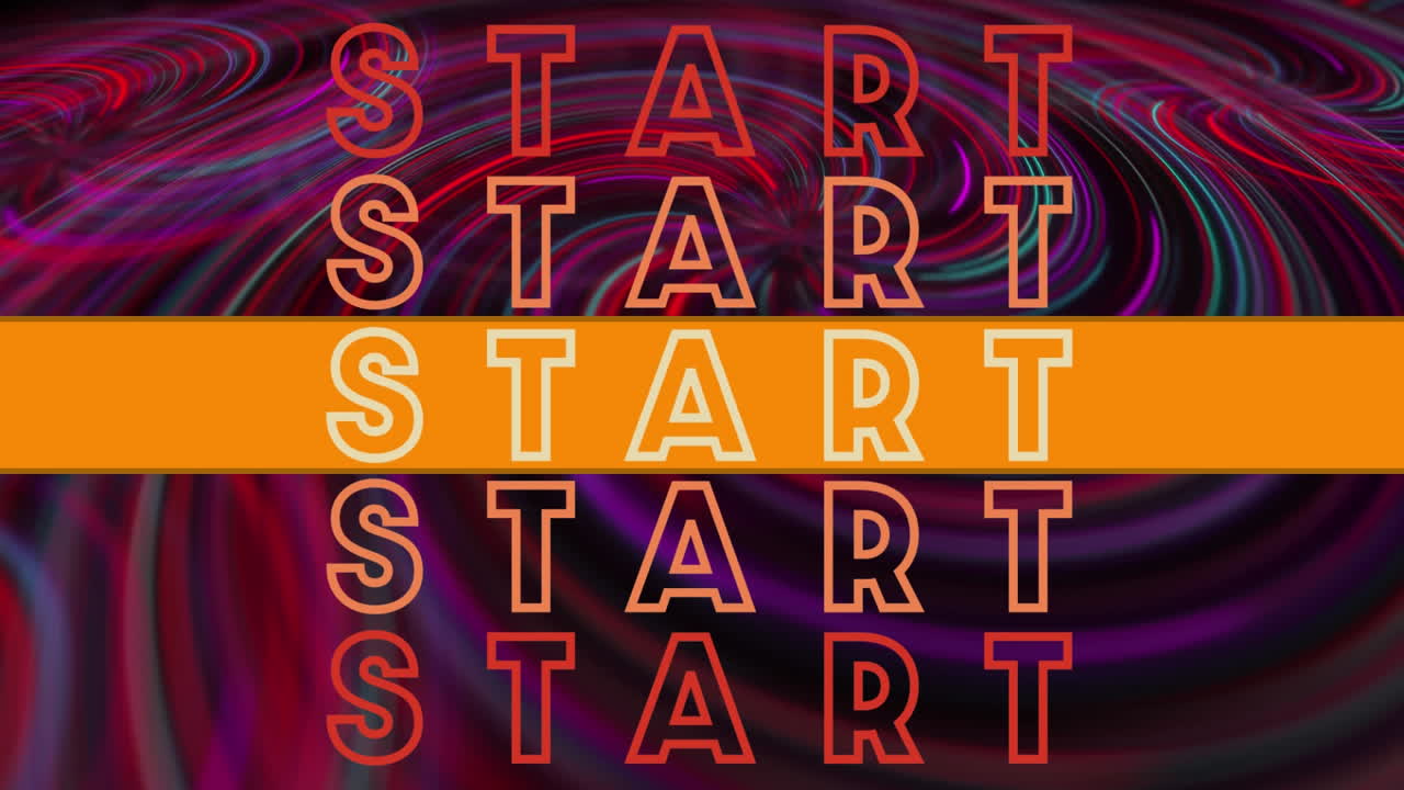 animación del texto de inicio en repetición con una franja naranja sobre rastros de luz vibrante en el fondo