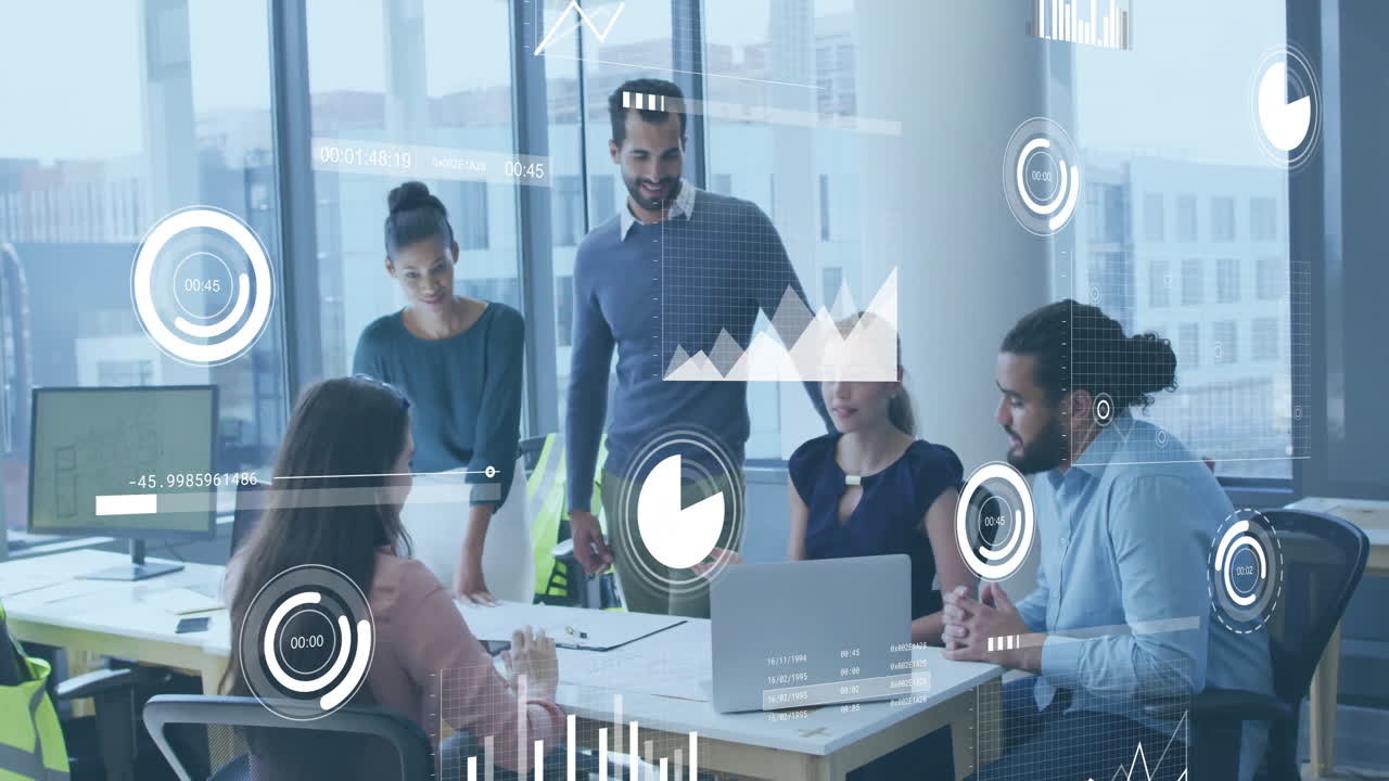 Collaborating in office, business team using data analytics animation on screen