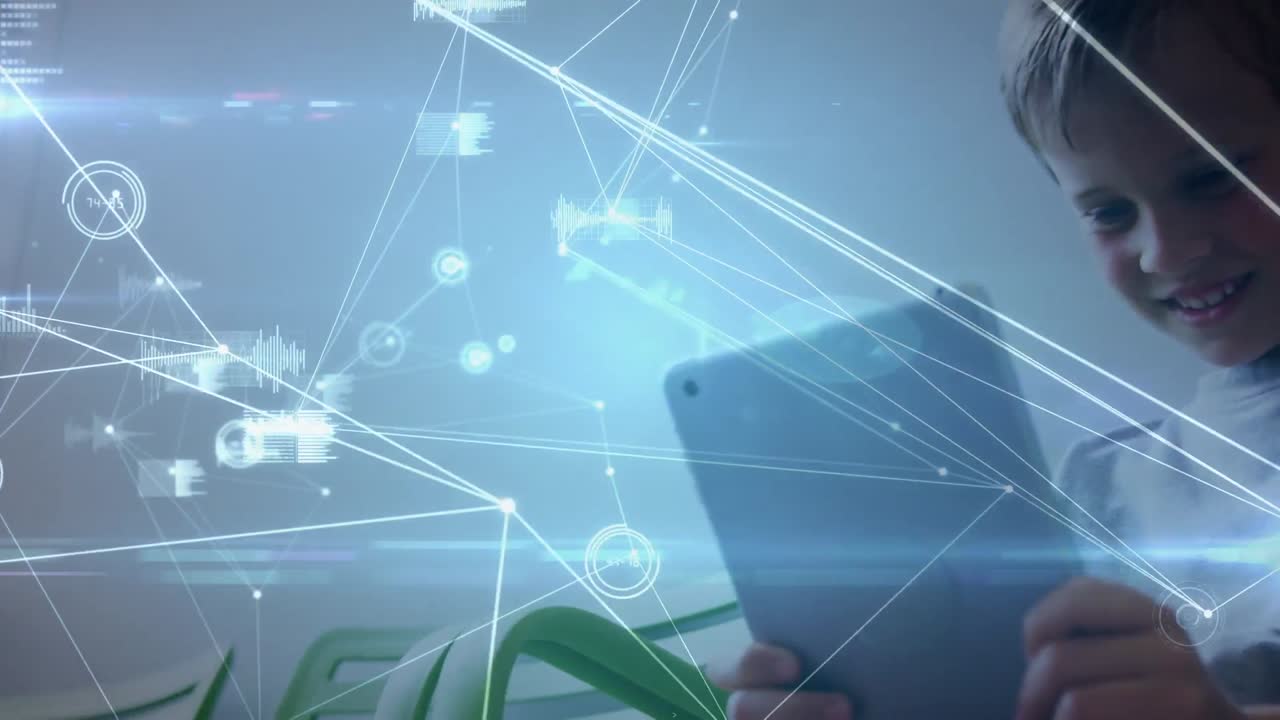 red de conexiones y procesamiento de datos contra un niño caucásico que usa una tableta digital