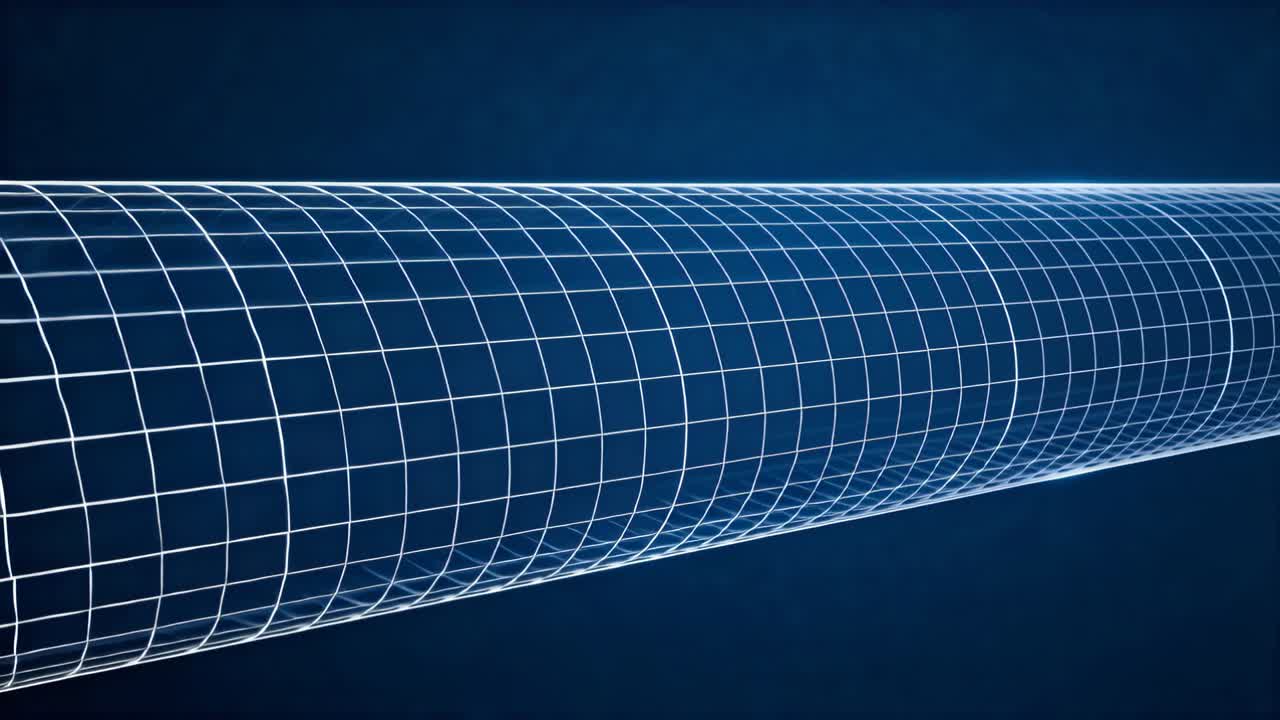 Wire grid tube entering left, moving diagonal with top highlight moving, leaving blue for tech